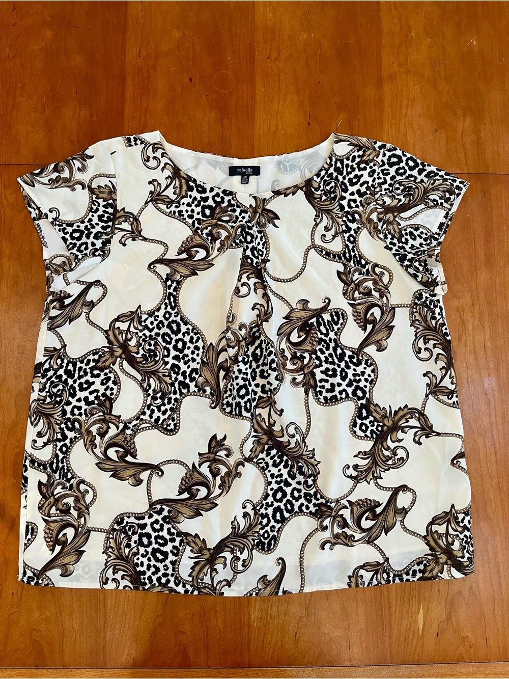 Rafaella Plus Size Flowy Cream and Brown Leopard Print Short Sleeve Women's Top.